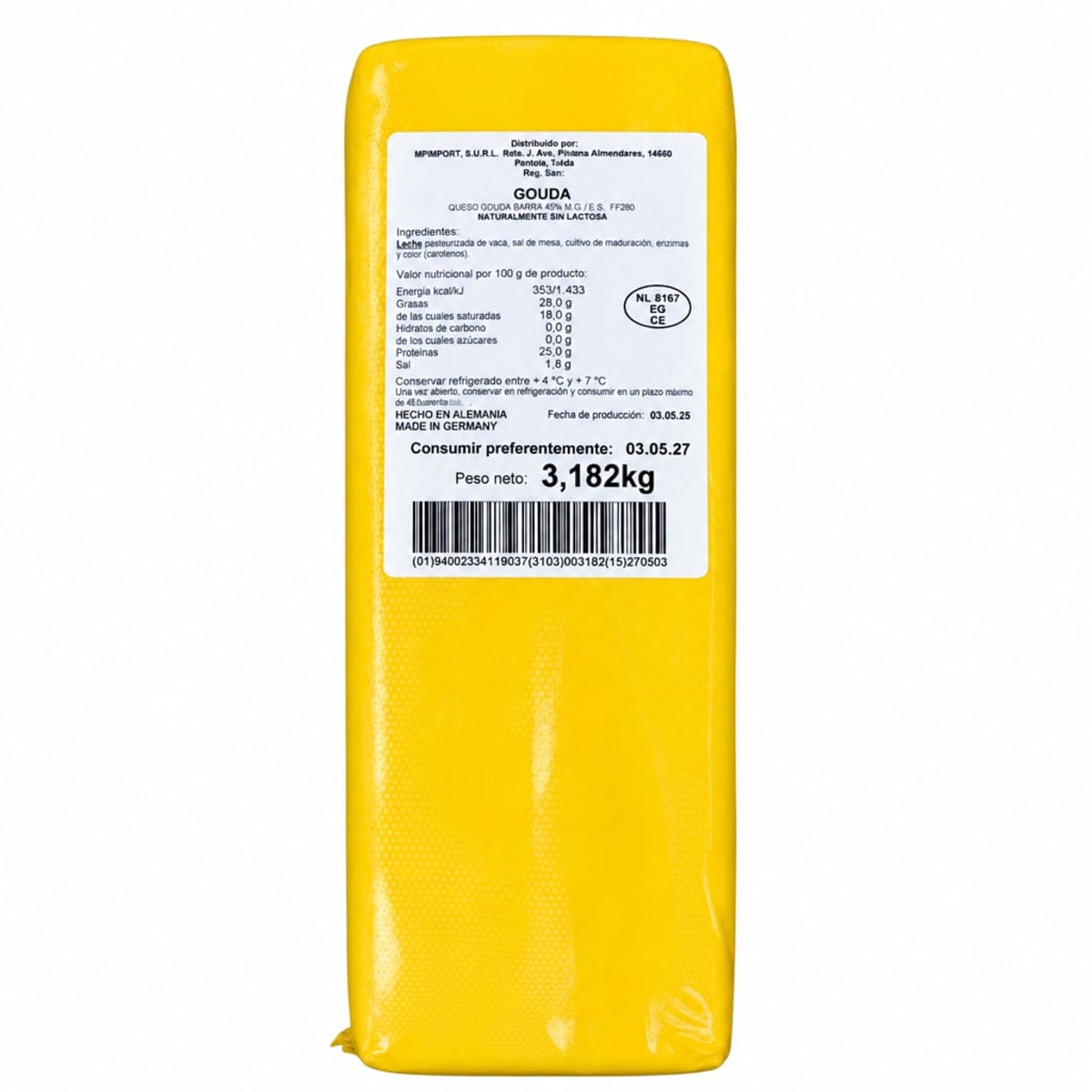 Queso Gouda sin Lactosa Barra de 3.1kg, ideal para intolerantes a la lactosa
